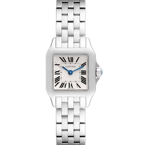 This image shows a frontal view of the Santos Demoiselle model by Cartier, highlighting its square face and metal bracelet.