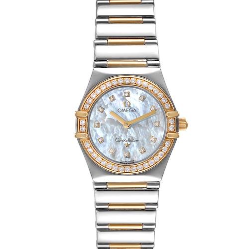 The Omega Women's Steel and Gold (two tone) Mother of Pearl Dial Women's Steel and Gold (two tone) Mother of Pearl Dial Constellation My Choice Steel 18k Rose Gold Diamond Ladies Watch is shown from a front angle, highlighting its face and bracelet.