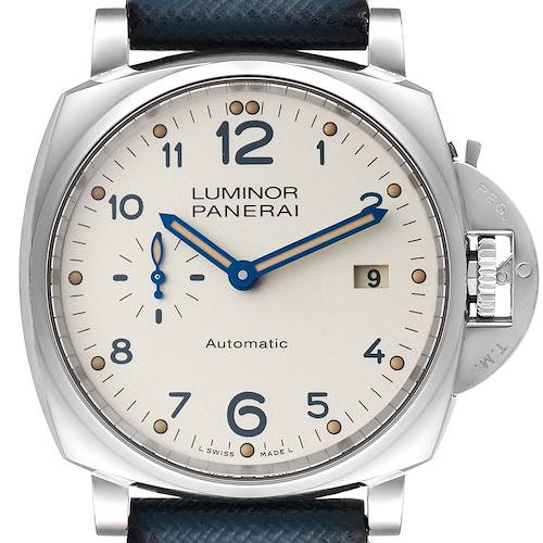 The image shows a front view of the Panerai Luminor Due PAM00906 Men's Stainless Steel Beige Dial PAM00906 Men's Stainless Steel Beige Dial watch face, featuring blue hands, a date window, and a seconds sub-dial.