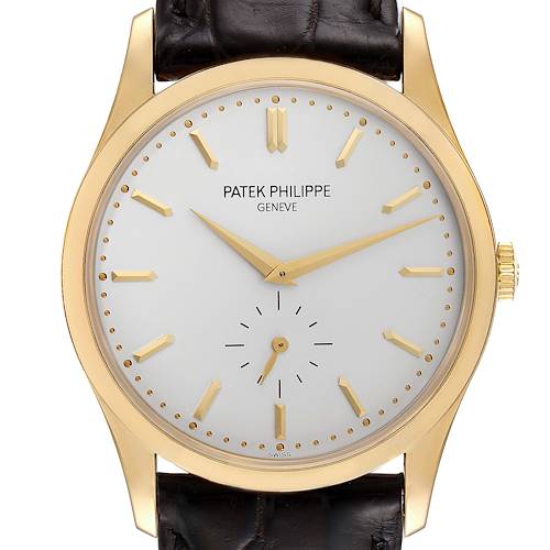 This image shows a front view of the Patek Philippe Calatrava 5196J Men's Yellow Gold Silver Dial 5196J Men's Yellow Gold Silver Dial watch, highlighting the dial, hands, markers, and strap.