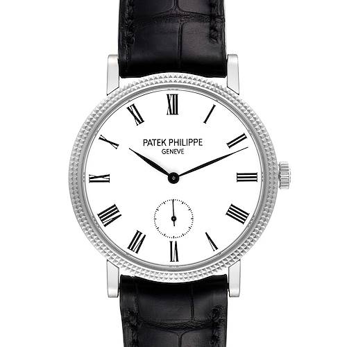 The image shows a front view of the Calatrava watch by Patek Philippe with a black leather strap and Roman numeral dial.