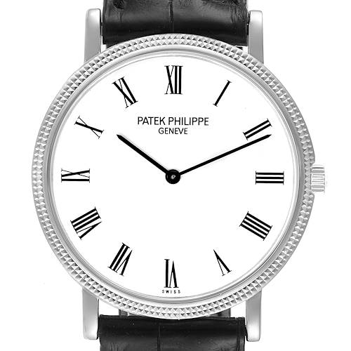 The image shows a front view of a Calatrava model Patek Philippe watch, highlighting its face, roman numerals, and leather strap.
