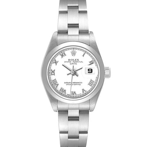 The Rolex Date 79160 Women's Stainless Steel White Dial 79160 Women's Stainless Steel White Dial model watch is shown in a front view, displaying the dial, bracelet, and crown.