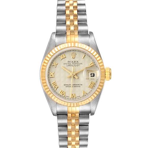 This image shows a Rolex Datejust 69173 Women's Steel and Gold (two tone) Beige Dial 69173 Women's Steel and Gold (two tone) Beige Dial watch from a top-down angle, displaying its face, bezel, and bracelet.