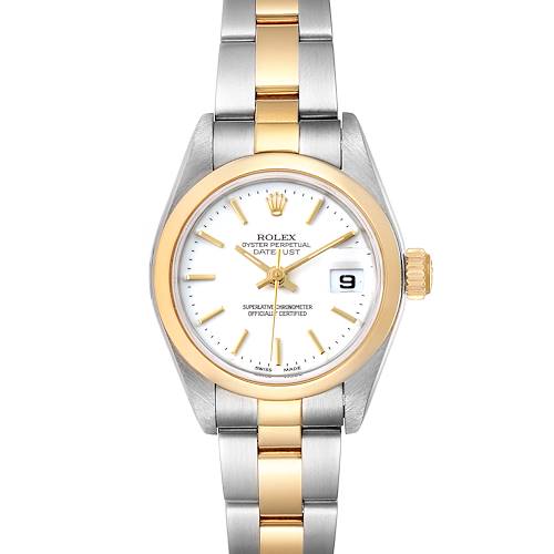 This image shows a front view of a Rolex Datejust 79163 Women's Steel and Gold (two tone) White Dial 79163 Women's Steel and Gold (two tone) White Dial watch with a two-tone bracelet and white dial displaying the date.