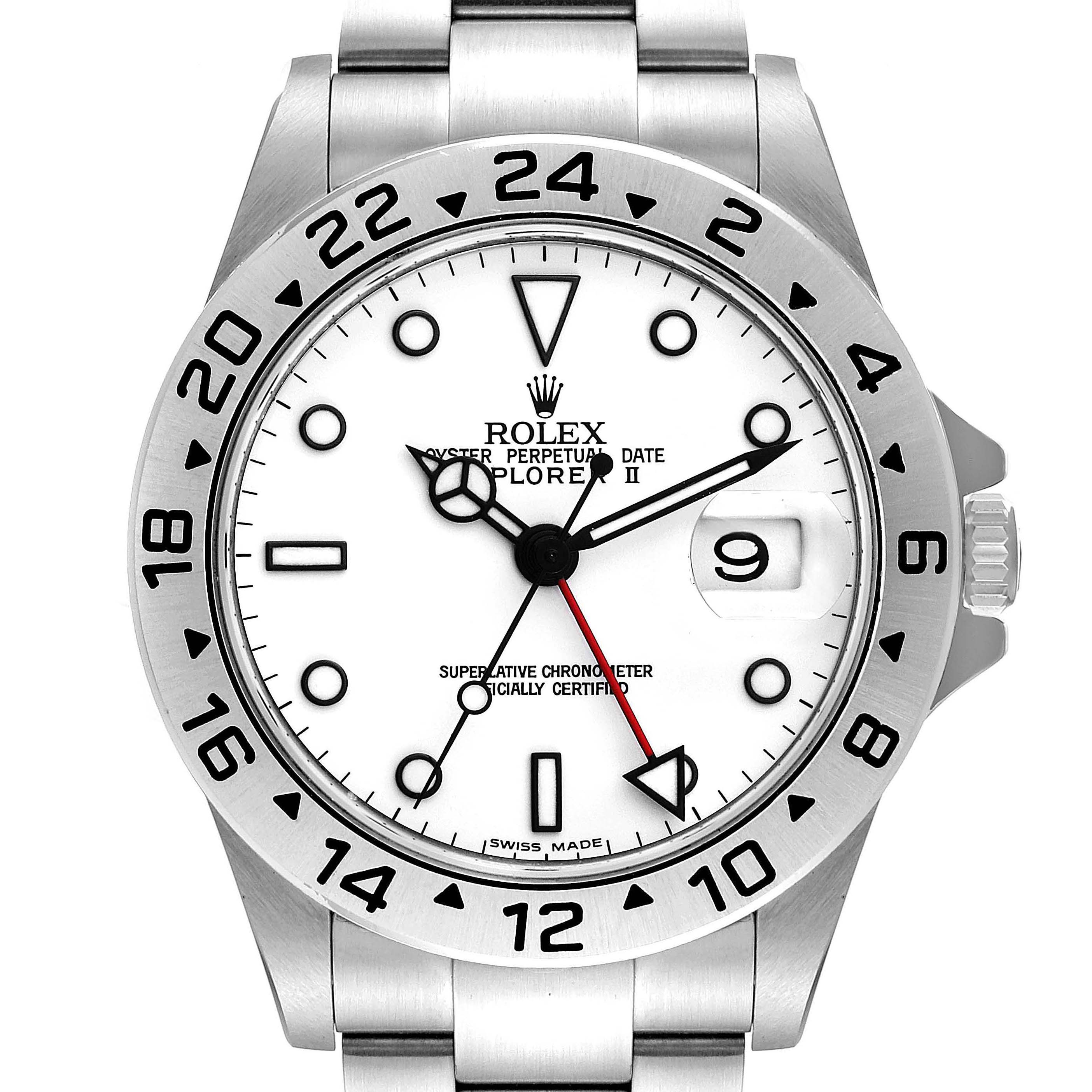 The image shows a front view of the Rolex Explorer 16570 Men's Stainless Steel White Dial 16570 Men's Stainless Steel White Dial watch, displaying its bezel, dial, hands, and date function.