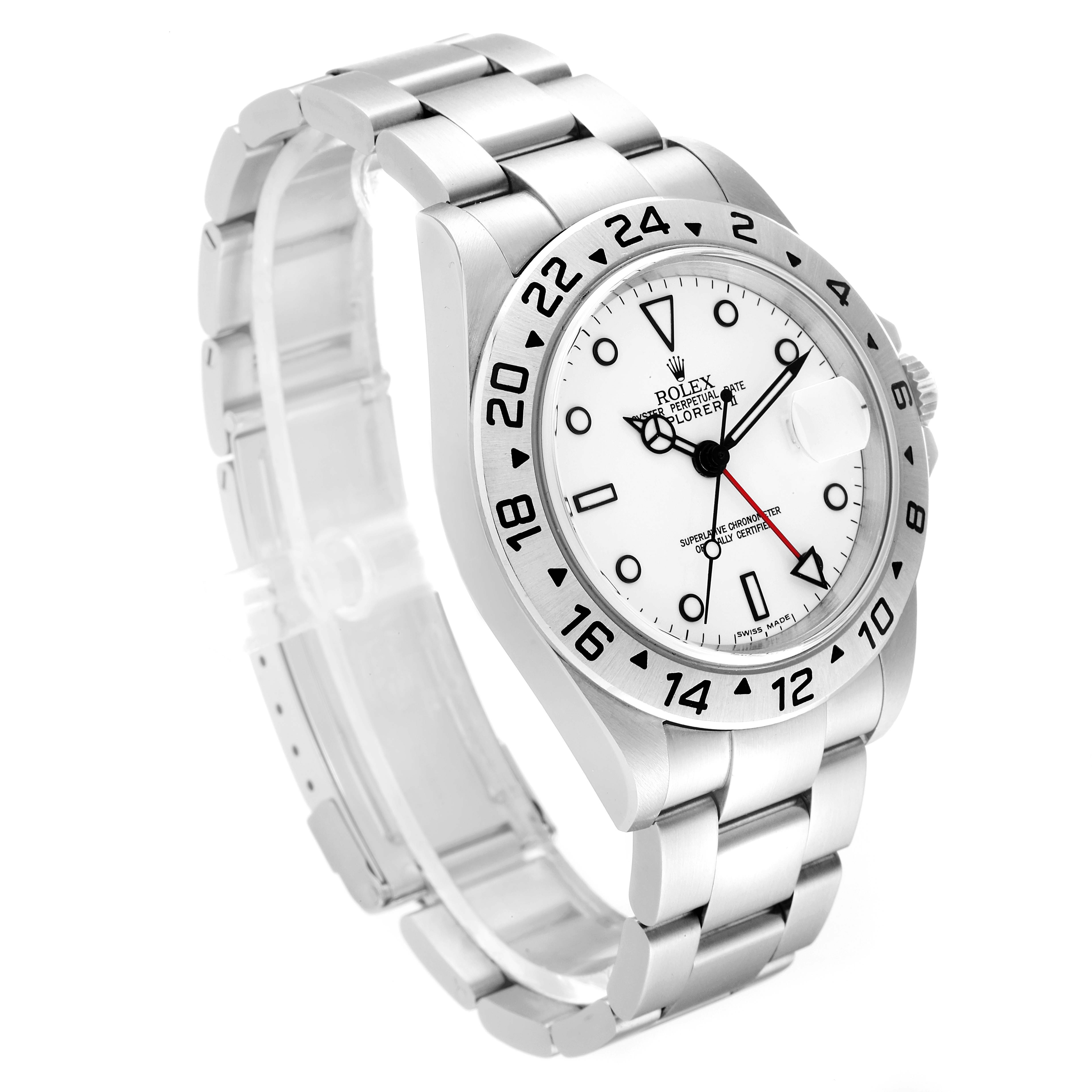 The image shows a Rolex Explorer 16570 Men's Stainless Steel White Dial 16570 Men's Stainless Steel White Dial model watch at a three-quarter angle, highlighting the dial, bezel, crown, and bracelet.