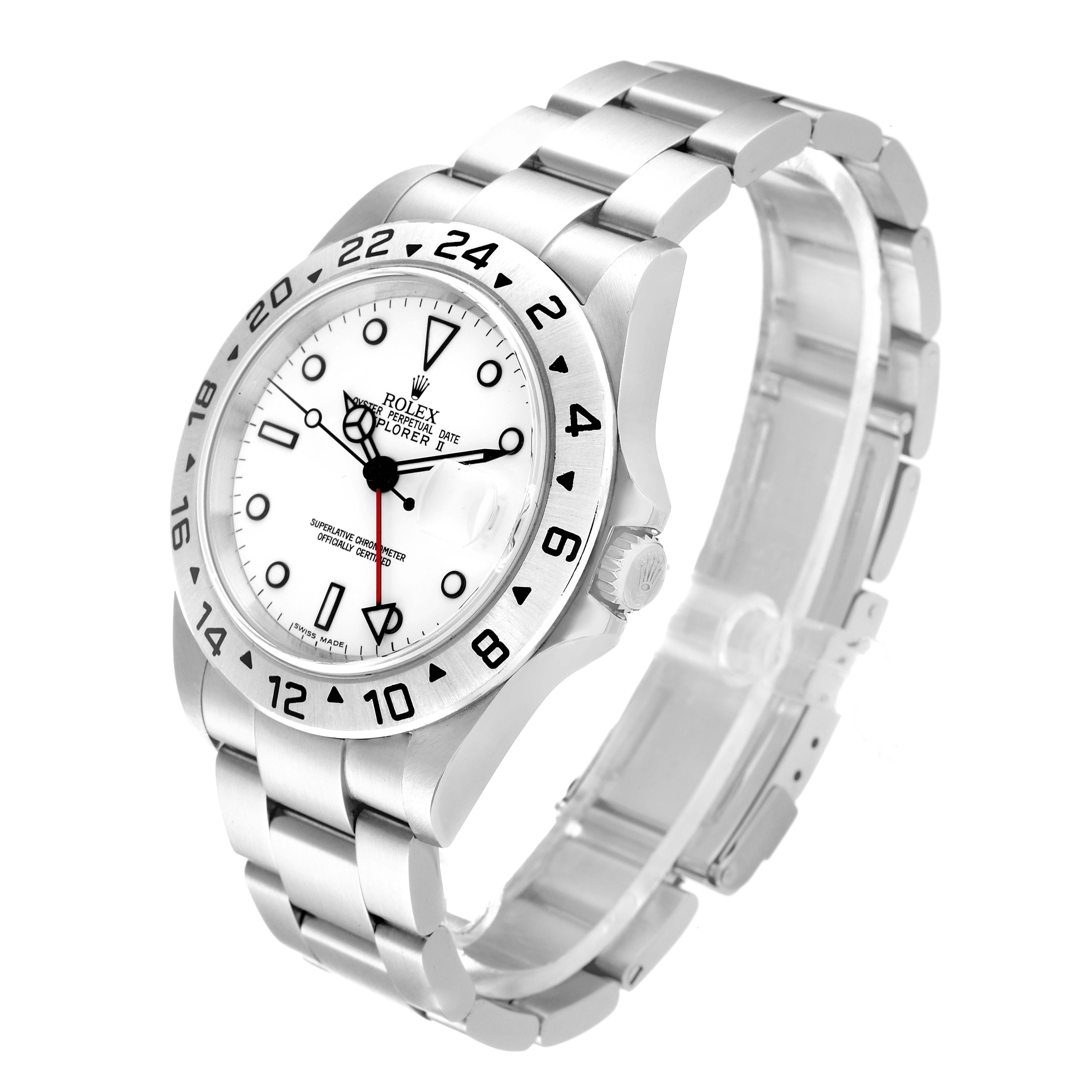 The image shows a Rolex Explorer 16570 Men's Stainless Steel White Dial 16570 Men's Stainless Steel White Dial watch at a slight angle highlighting its dial, bezel, and bracelet.