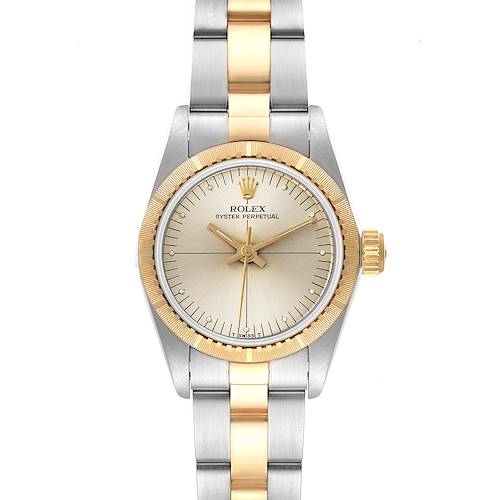 The image shows a front view of a Rolex Oyster Perpetual 67243 Women's Steel and Gold (two tone) Silver Dial 67243 Women's Steel and Gold (two tone) Silver Dial watch, highlighting the face, bezel, and bracelet.