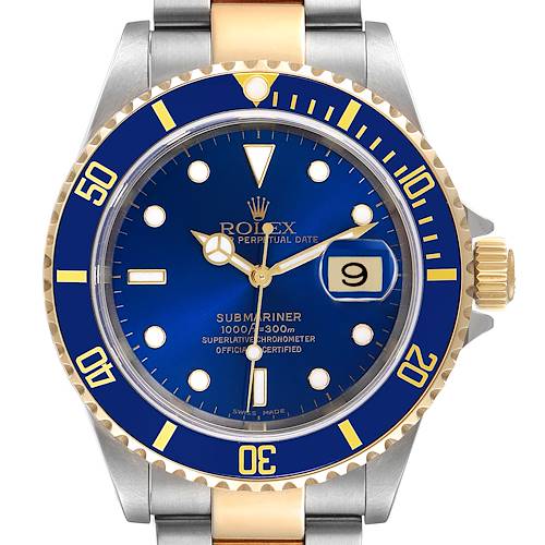 The image shows a front view of a Rolex Submariner 16613 Men's Steel and Gold (two tone) Blue Dial 16613 Men's Steel and Gold (two tone) Blue Dial watch featuring a blue dial, bezel, and a two-tone bracelet.