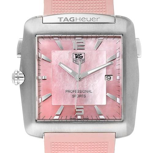 The image shows a front view of the Tag Heuer Monaco WAE1114.FT6011 Women's Titanium Mother of Pearl Dial WAE1114.FT6011 Women's Titanium Mother of Pearl Dial watch featuring a pink dial and a pink strap.