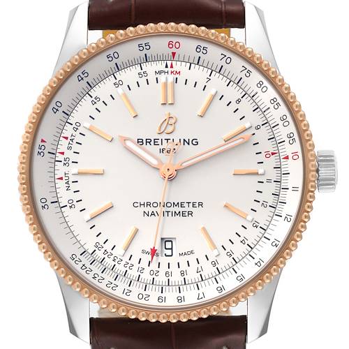 The image shows a frontal view of a Breitling Navitimer U17326 Men's Stainless Steel Silver Dial U17326 Men's Stainless Steel Silver Dial watch with a leather strap and a detailed bezel.