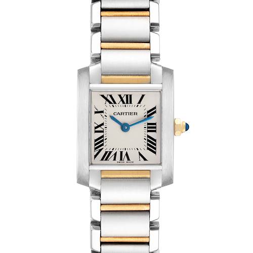 The Cartier Tank Francaise W51007Q4 Women's Steel and Gold (two tone) Silver Dial W51007Q4 Women's Steel and Gold (two tone) Silver Dial watch is shown from a front angle, displaying the face, bracelet, and crown detail.