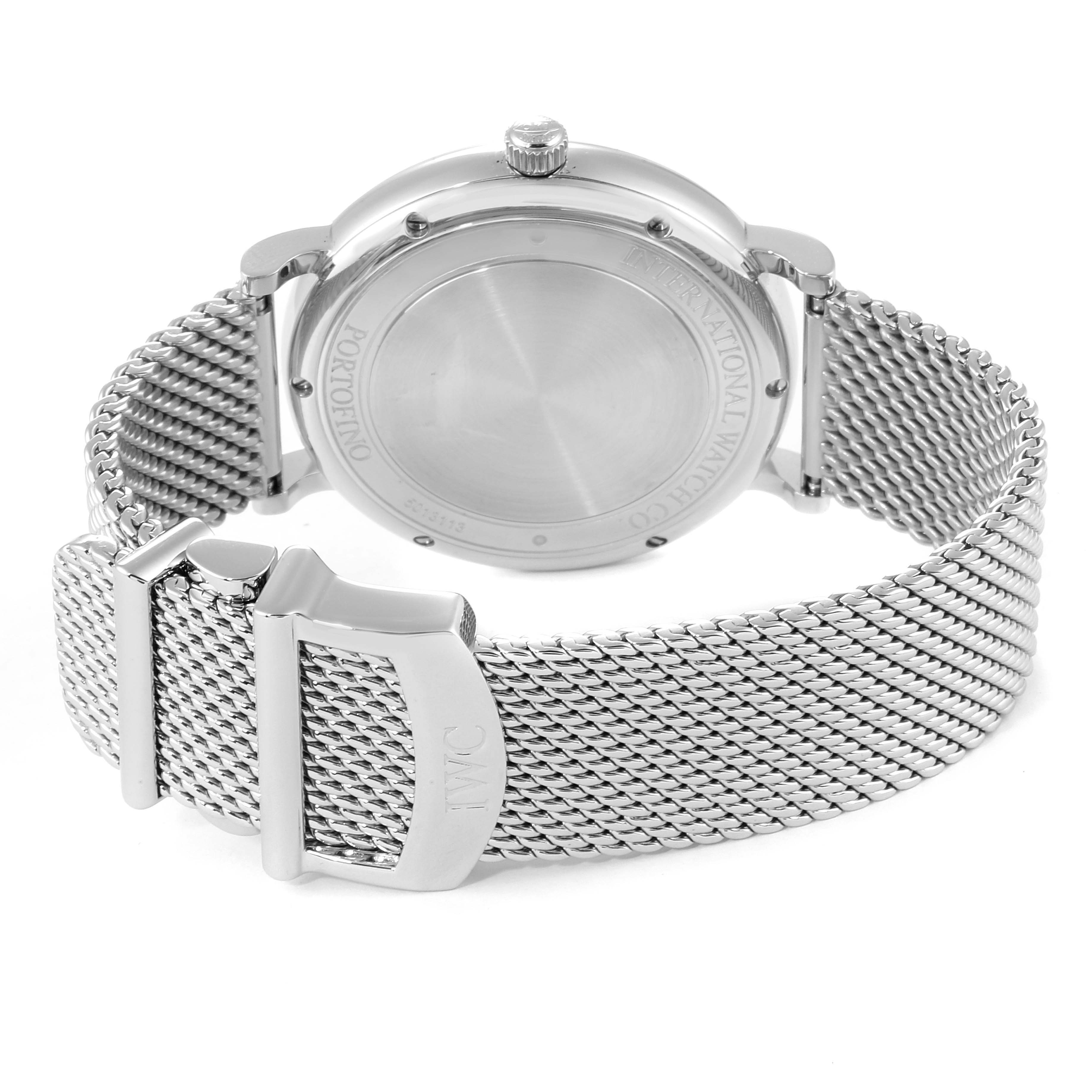 The image shows the back view of the IWC Portofino IW356506 Men's Stainless Steel Black Dial IW356506 Men's Stainless Steel Black Dial watch, featuring its case back and stainless steel mesh bracelet with a clasp.