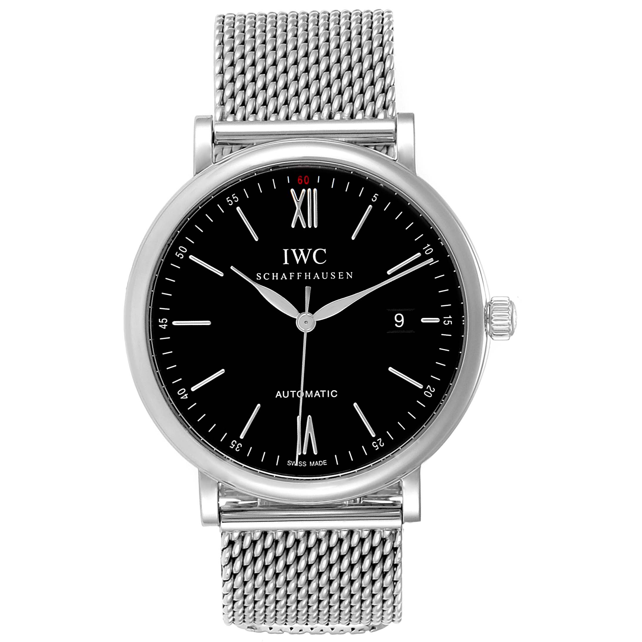 This IWC Portofino IW356506 Men's Stainless Steel Black Dial IW356506 Men's Stainless Steel Black Dial watch is shown from the front, displaying its black dial, mesh bracelet, and crown.