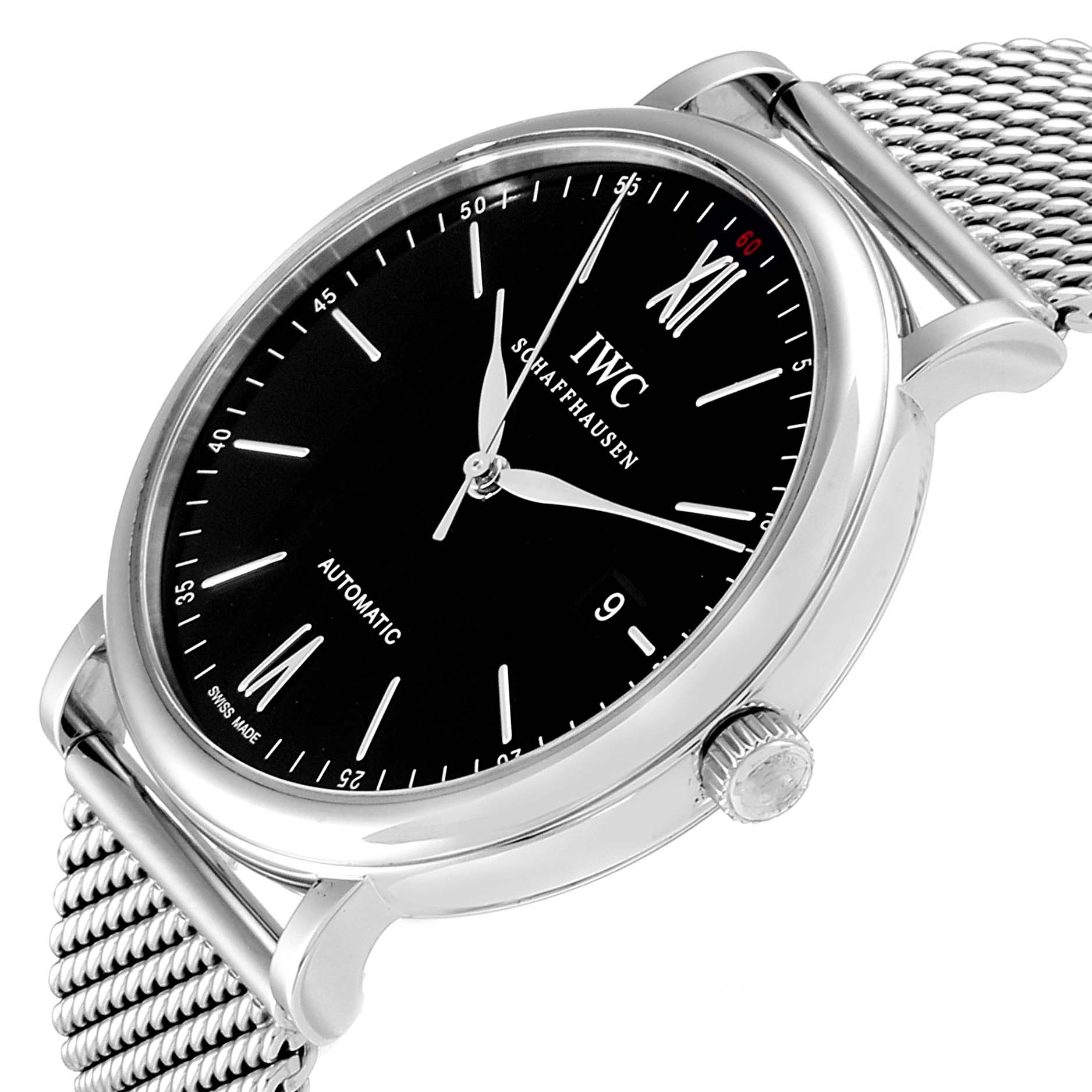 The IWC Portofino IW356506 Men's Stainless Steel Black Dial IW356506 Men's Stainless Steel Black Dial watch is shown at an angled view, highlighting its dial, crown, and mesh bracelet.
