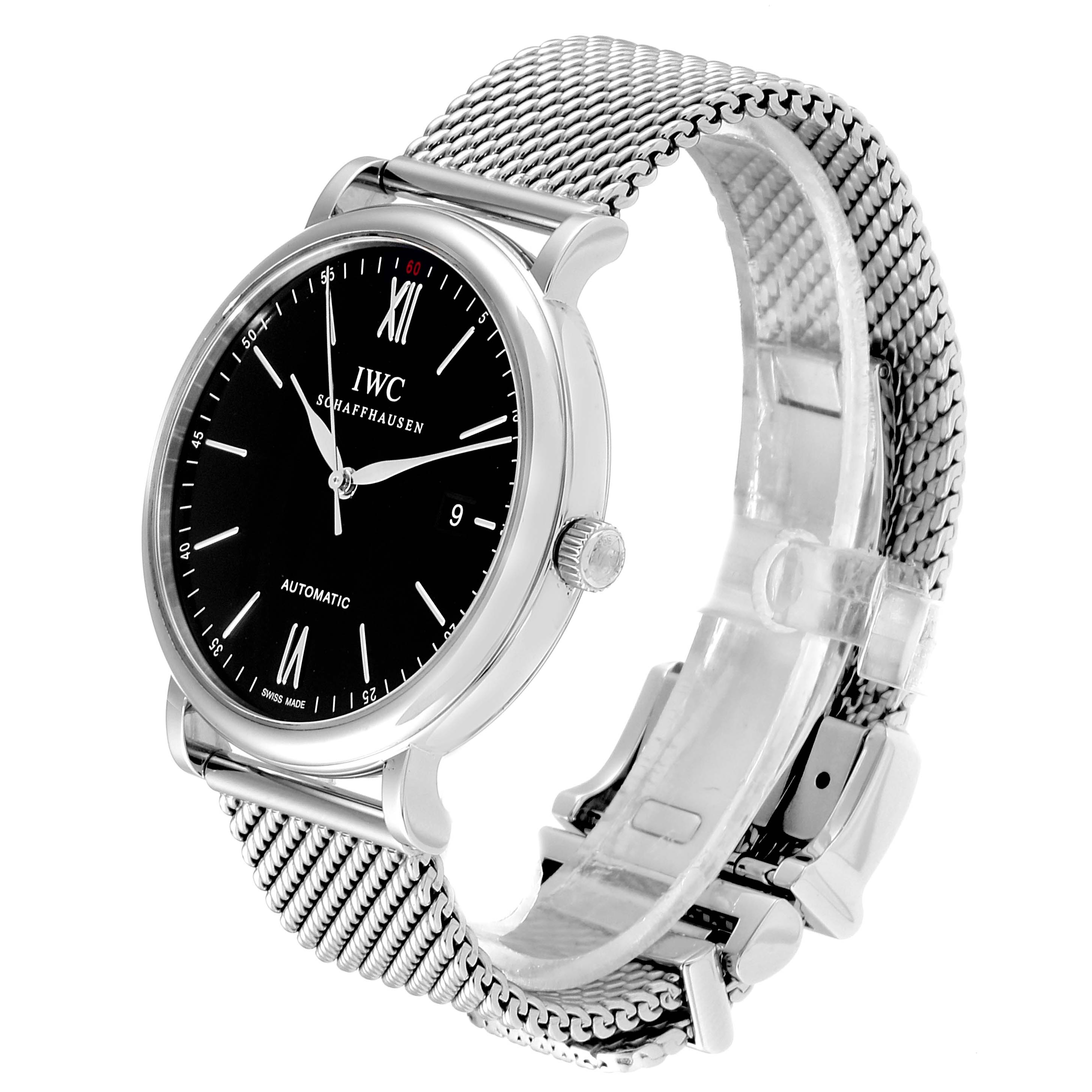 The image shows a side and front view of an IWC Portofino IW356506 Men's Stainless Steel Black Dial IW356506 Men's Stainless Steel Black Dial watch with a black dial and silver mesh bracelet.