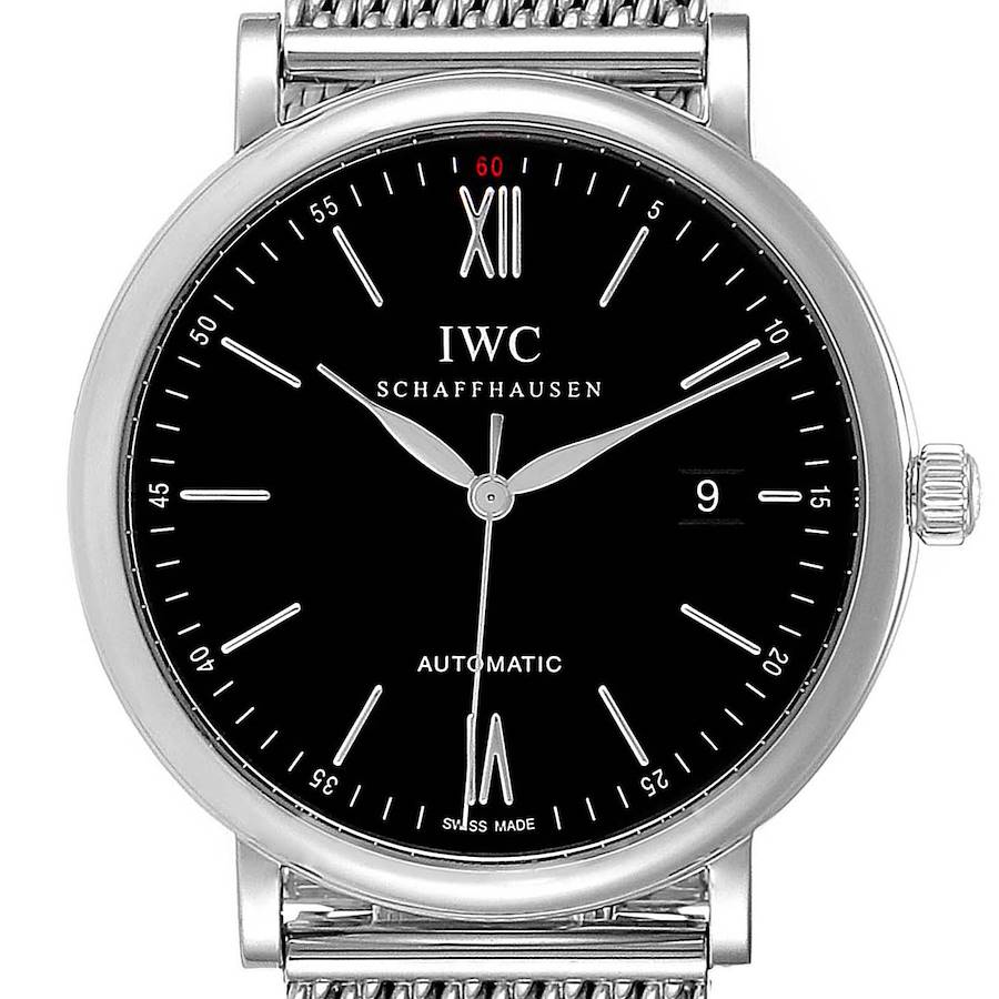 The image shows a front view of an IWC Portofino IW356506 Men's Stainless Steel Black Dial IW356506 Men's Stainless Steel Black Dial watch with a black dial, silver hour markers, date display, and a metal mesh band.