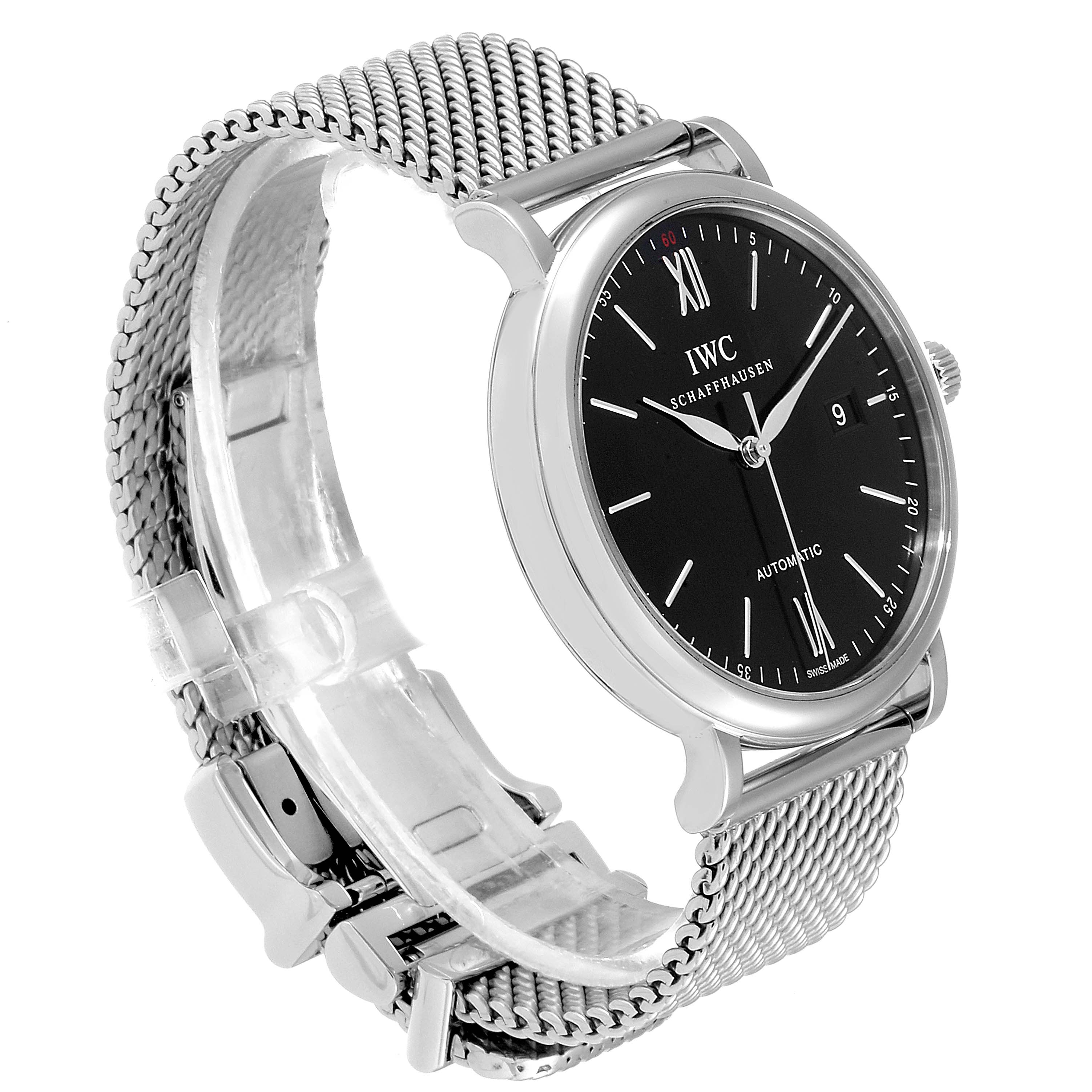 The image shows a side angle of the IWC Portofino IW356506 Men's Stainless Steel Black Dial IW356506 Men's Stainless Steel Black Dial watch, highlighting its face, crown, and mesh bracelet.