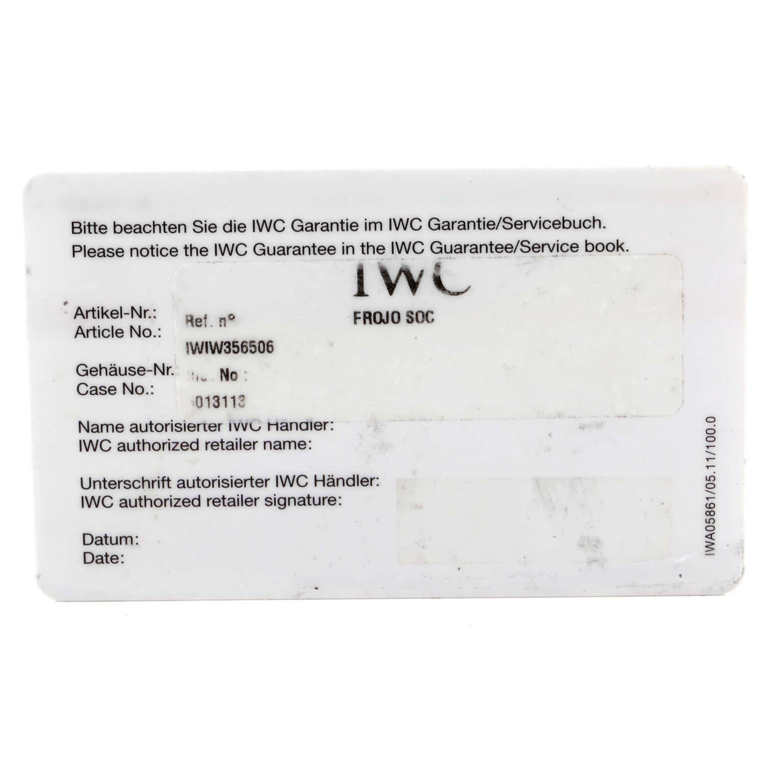 This image shows a close-up of an IWC Portofino IW356506 Men's Stainless Steel Black Dial IW356506 Men's Stainless Steel Black Dial model warranty card.