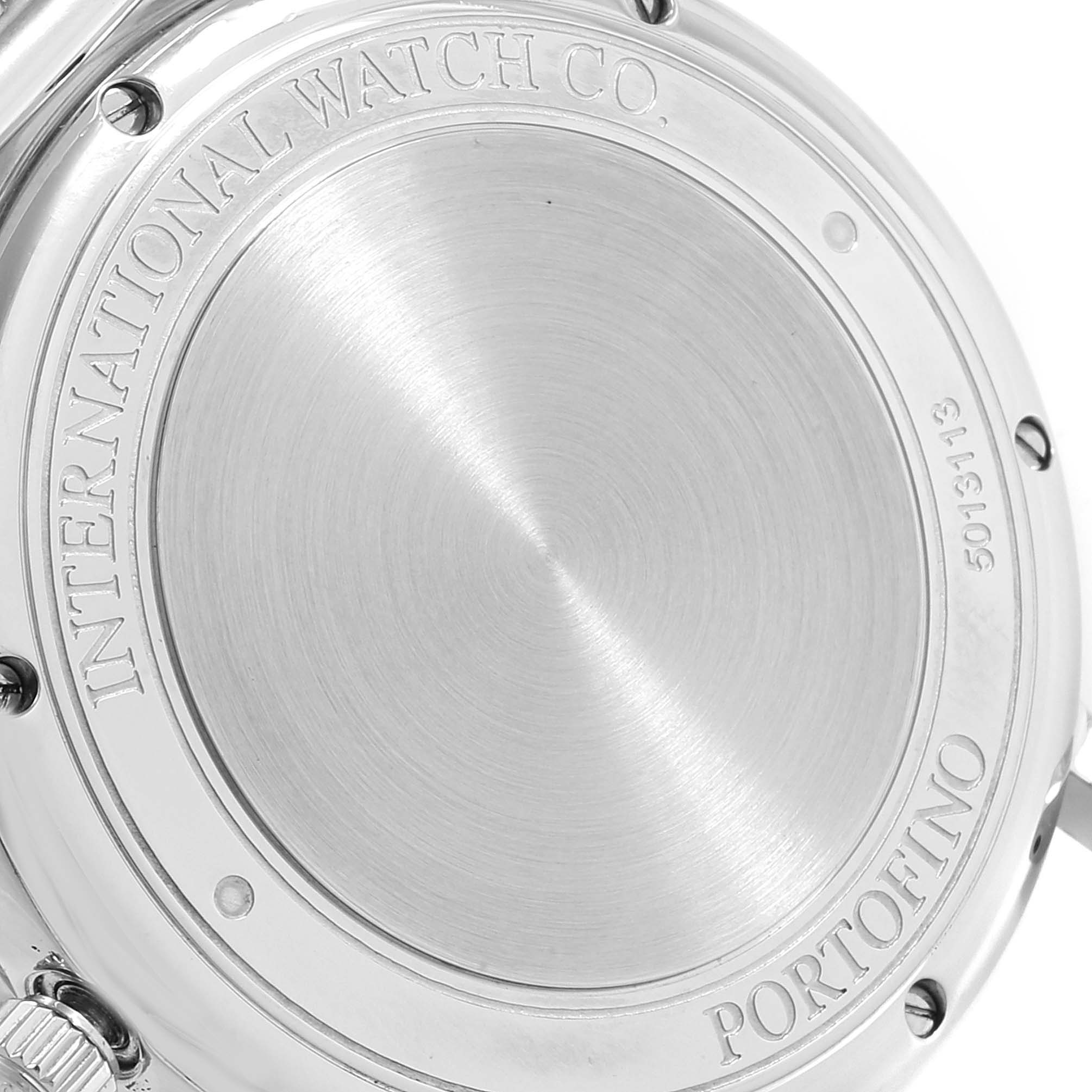 This image shows the back case of an IWC Portofino IW356506 Men's Stainless Steel Black Dial IW356506 Men's Stainless Steel Black Dial watch, highlighting the brand and model engravings.