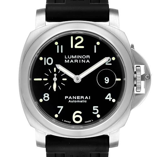 The image shows a front view of the Panerai Luminor PAM00164 Men's Stainless Steel Black Dial PAM00164 Men's Stainless Steel Black Dial Marina watch, displaying the face, bezel, crown guard, and part of the strap.