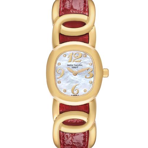 The Patek Philippe Golden Ellipse 4830J Women's Yellow Gold Mother of Pearl Dial 4830J Women's Yellow Gold Mother of Pearl Dial watch is shown from a top-down angle, highlighting its face and red strap.