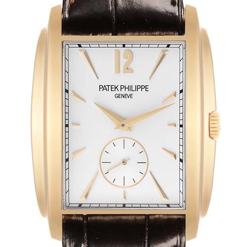 The image shows a front view of the Patek Philippe Gondolo 5124J Men's Yellow Gold Silver Dial 5124J Men's Yellow Gold Silver Dial watch, highlighting the dial and crown.