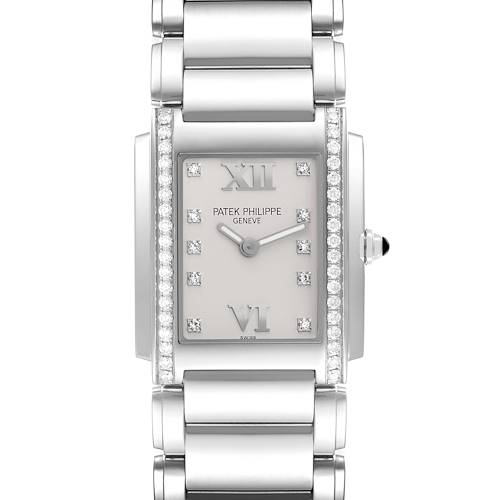 The Patek Philippe Twenty-4 4910/10A-011 Women's Stainless Steel Silver Dial 4910/10A-011 Women's Stainless Steel Silver Dial watch is shown from a front angle, highlighting the bracelet and diamond-accented face.