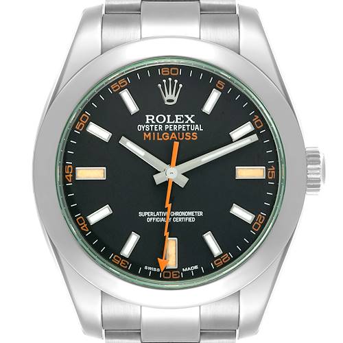 The Rolex Milgauss 116400GV Men's Stainless Steel Black Dial 116400GV Men's Stainless Steel Black Dial watch is shown from a front angle, displaying its face, bezel, and part of the bracelet.
