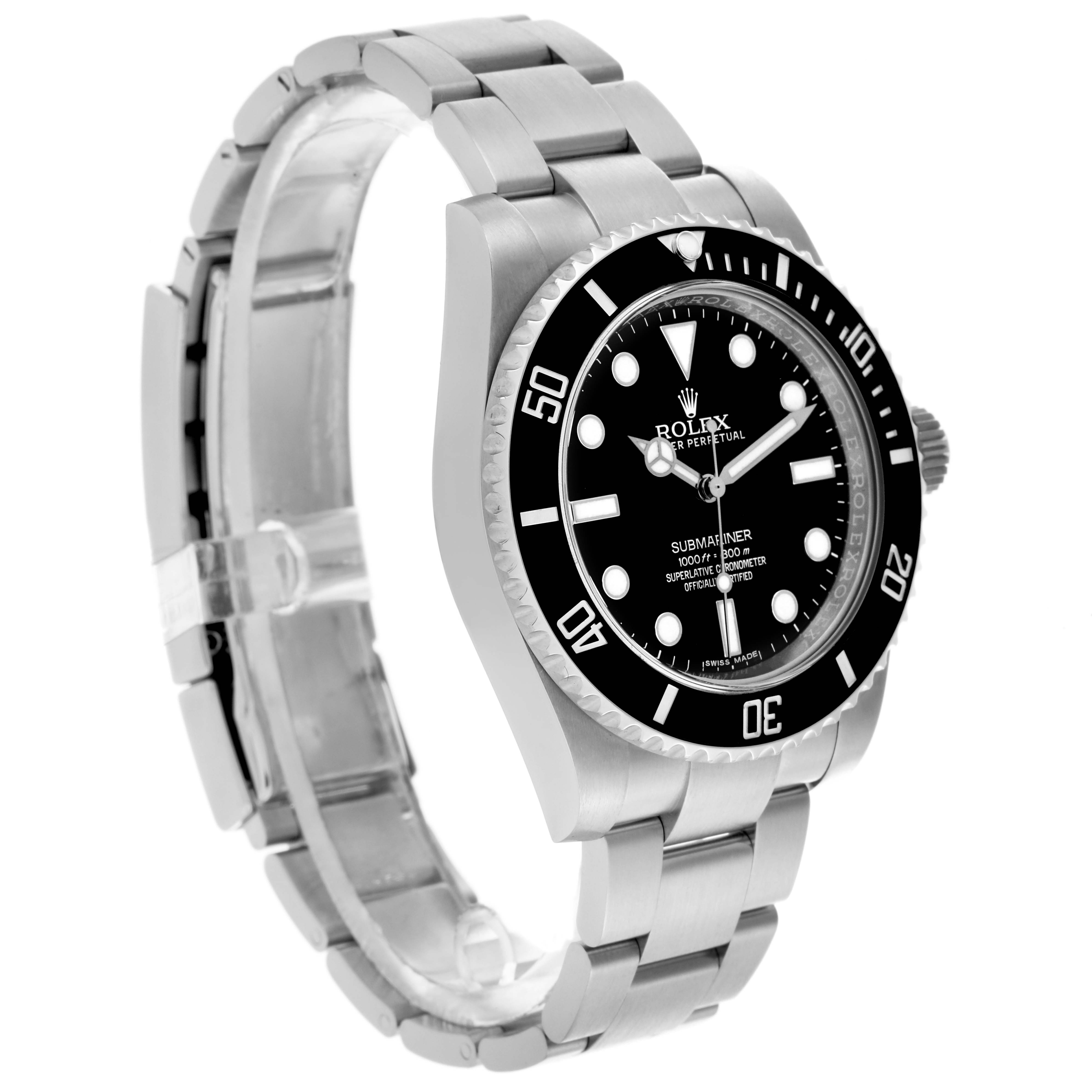The Rolex Submariner 114060 Men's Stainless Steel Black Dial 114060 Men's Stainless Steel Black Dial watch is shown at an angled view highlighting the face, bezel, and bracelet.