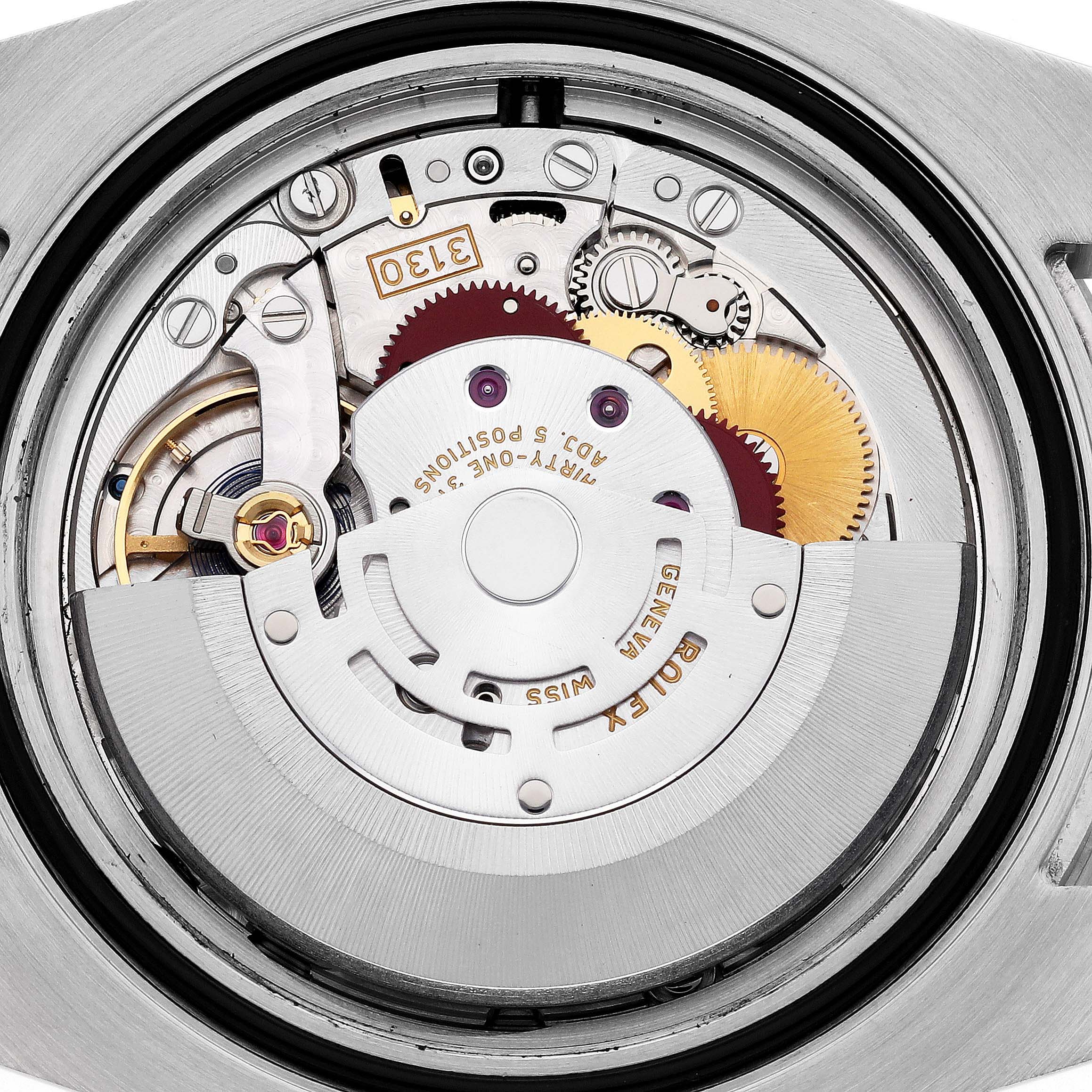 This image shows the internal mechanical movement of a Rolex Submariner 114060 Men's Stainless Steel Black Dial 114060 Men's Stainless Steel Black Dial watch from a top-down angle.