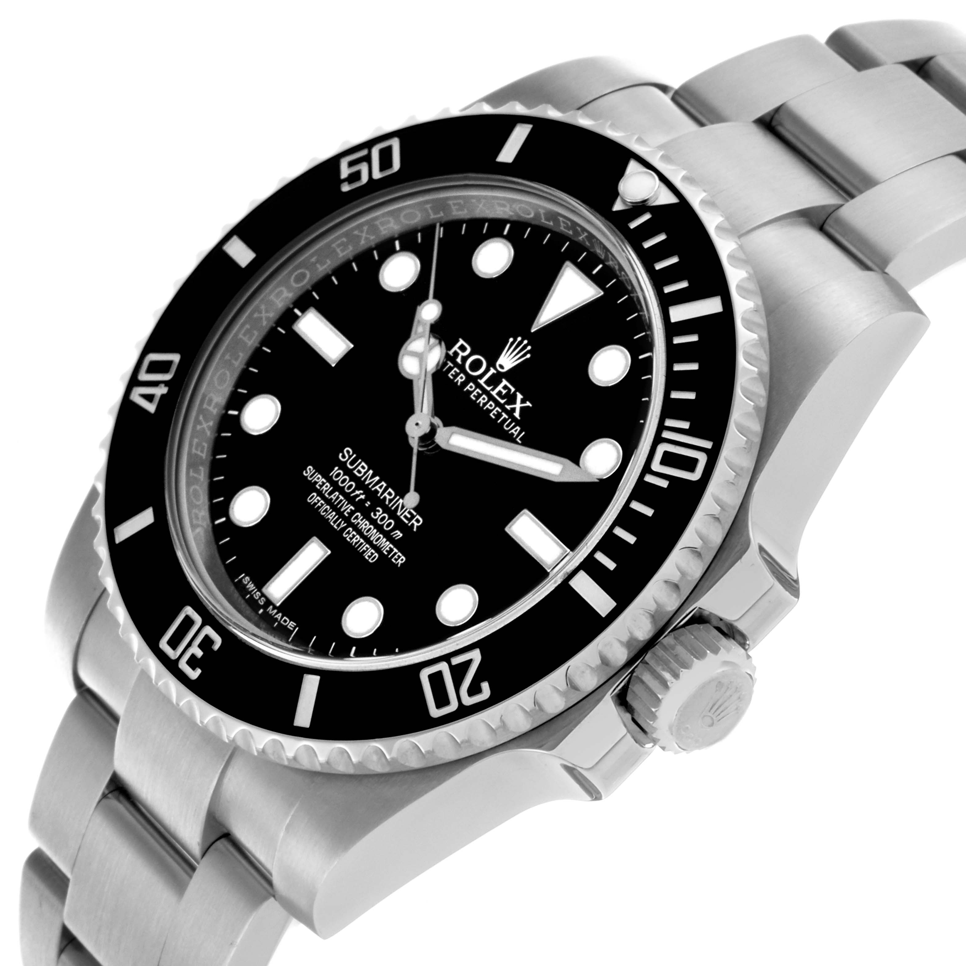The Rolex Submariner 114060 Men's Stainless Steel Black Dial 114060 Men's Stainless Steel Black Dial watch is shown at a slight side angle, displaying the bezel, dial, case, and part of the bracelet.
