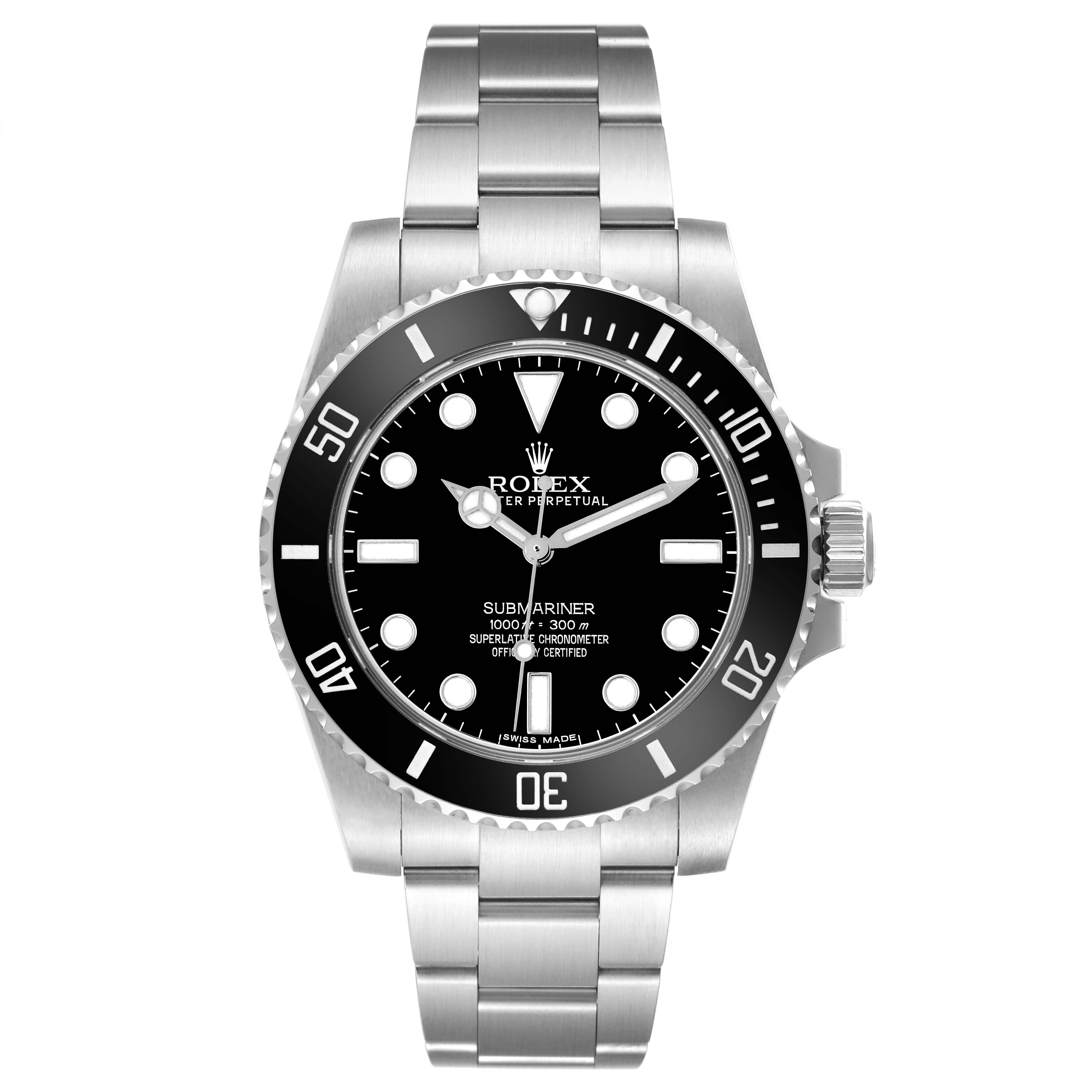 The Rolex Submariner 114060 Men's Stainless Steel Black Dial 114060 Men's Stainless Steel Black Dial is shown from the front, highlighting its face, bezel, and bracelet.