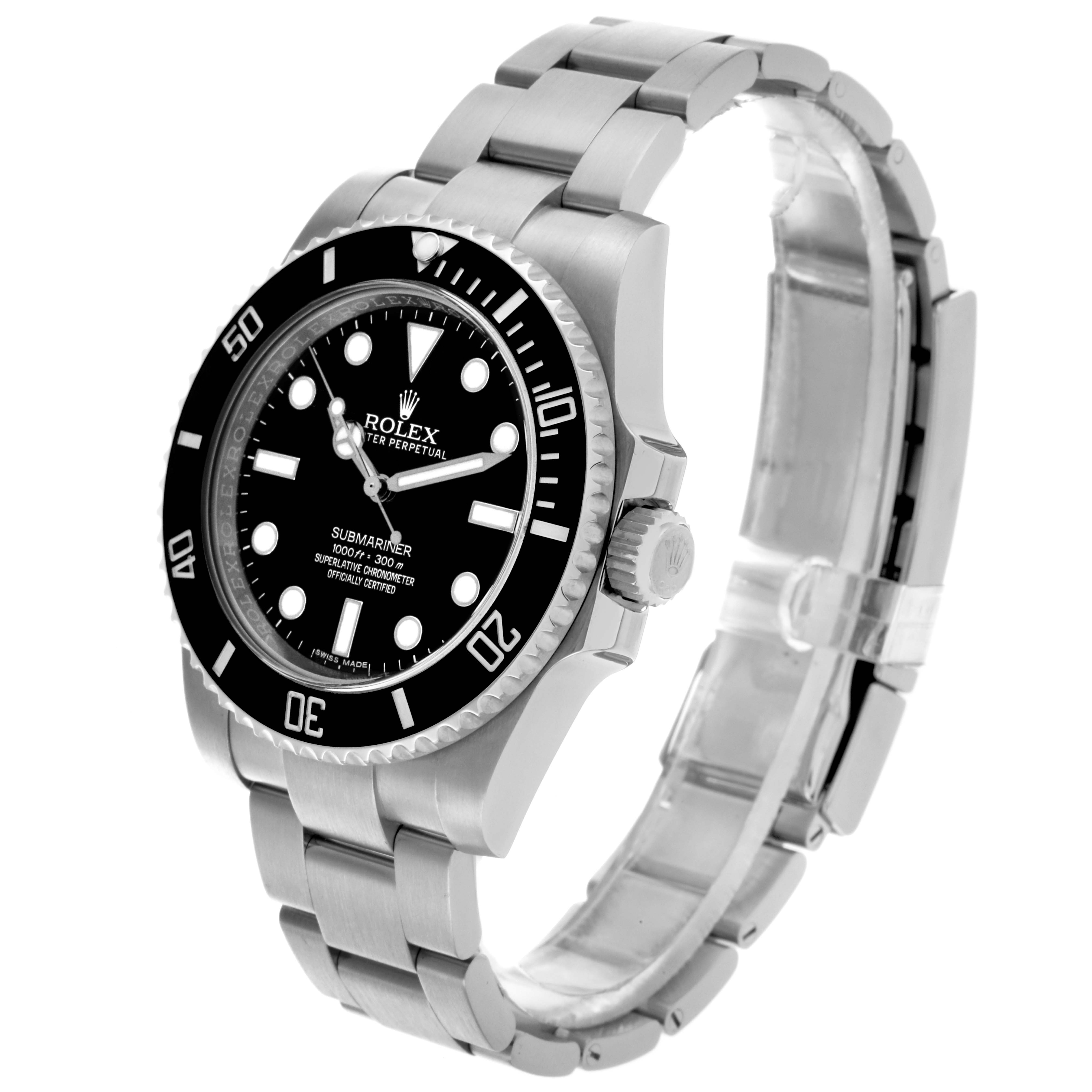 The Rolex Submariner 114060 Men's Stainless Steel Black Dial 114060 Men's Stainless Steel Black Dial watch is shown at a slight angle, highlighting the black bezel, dial, and stainless steel bracelet.