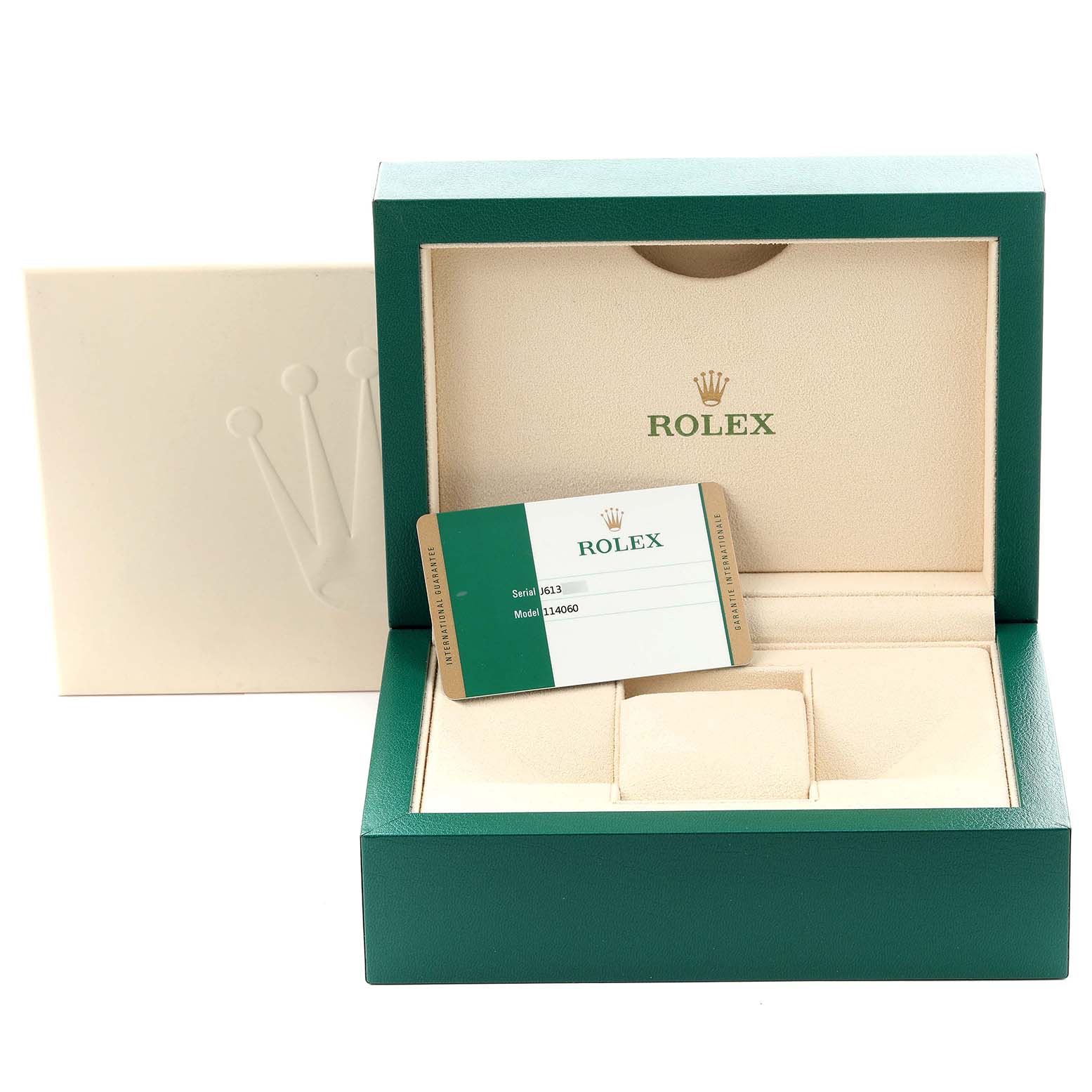 The image shows a Rolex Submariner 114060 Men's Stainless Steel Black Dial 114060 Men's Stainless Steel Black Dial box, interior, and certification card from a frontal angle.