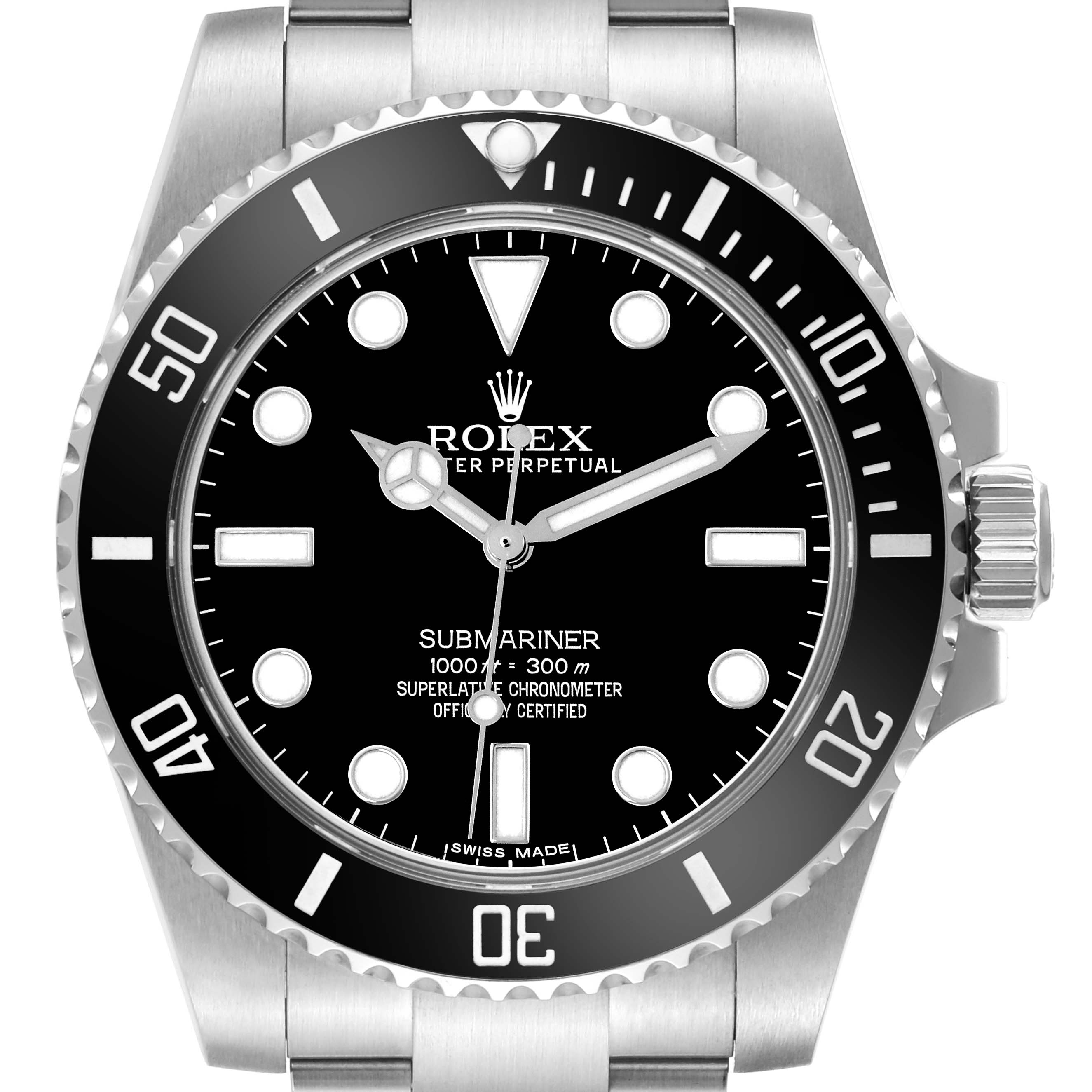 The image shows a front view of a Rolex Submariner 114060 Men's Stainless Steel Black Dial 114060 Men's Stainless Steel Black Dial watch, displaying the dial, bezel, and crown.