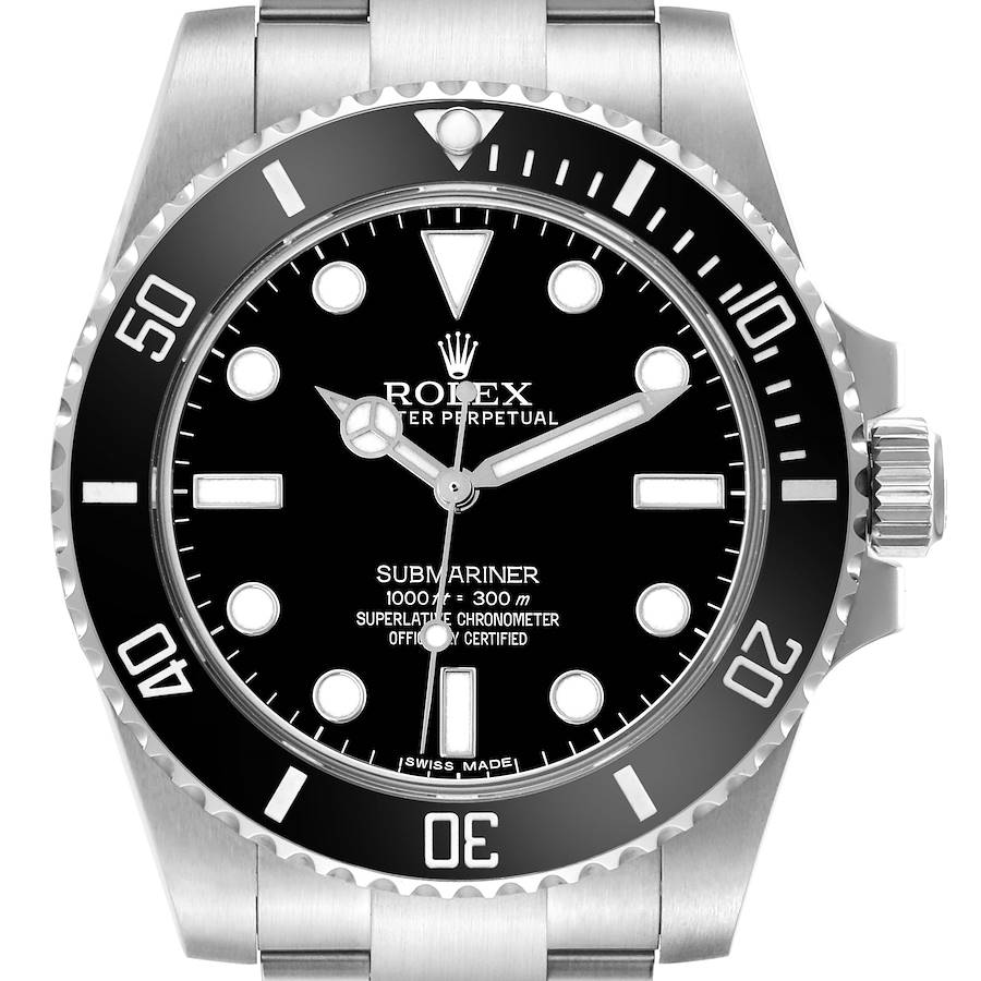 The image shows a front view of a Rolex Submariner 114060 Men's Stainless Steel Black Dial 114060 Men's Stainless Steel Black Dial watch, displaying the dial, bezel, and crown.