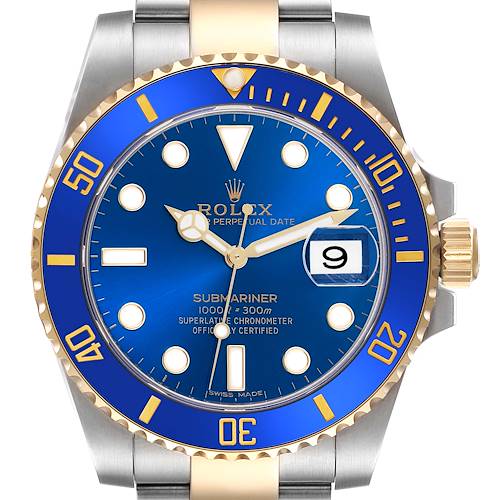 The Rolex Submariner 116613LB Men's Steel and Gold (two tone) Blue Dial 116613LB Men's Steel and Gold (two tone) Blue Dial watch is shown from the front, displaying the blue dial, bezel, and the date window clearly.