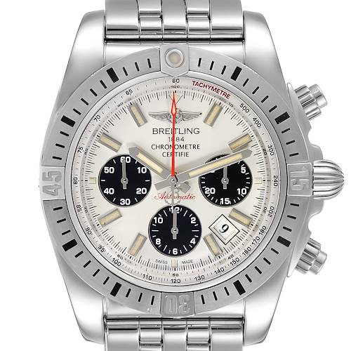 The watch shown is a Breitling Chronomat AB0115 Men's Stainless Steel Silver Dial AB0115 Men's Stainless Steel Silver Dial model, displayed from the front highlighting the dial, bezel, and bracelet.