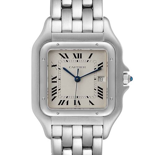 This image shows a front view of the Cartier Panthère model watch, highlighting its dial, bezel, and part of the bracelet.