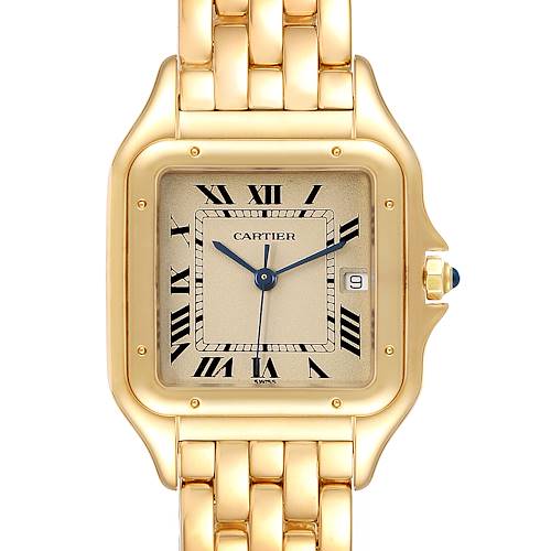 The image shows a front view of a Cartier Panthere W25014B9 Men's Yellow Gold Silver Dial W25014B9 Men's Yellow Gold Silver Dial model watch, highlighting its gold square face, Roman numerals, and bracelet.
