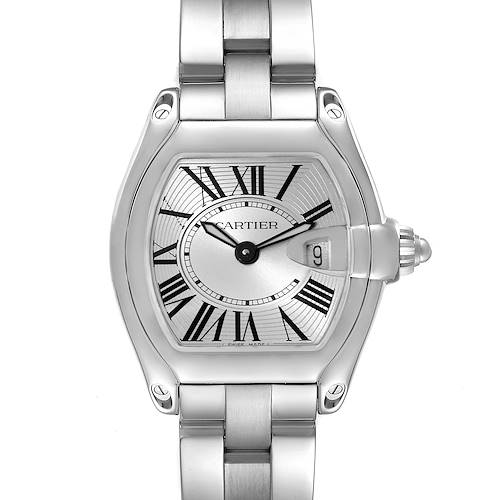 The image shows a frontal view of a Cartier Roadster W62016V3 Women's Stainless Steel Silver Dial W62016V3 Women's Stainless Steel Silver Dial watch, highlighting the face, roman numeral markers, and metal bracelet.