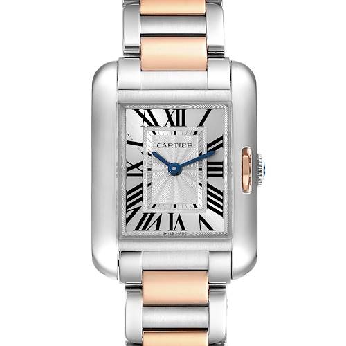 This image shows a front view of the Cartier Tank Anglaise W5310036 Women's Steel and Gold (two tone) Silver Dial W5310036 Women's Steel and Gold (two tone) Silver Dial watch capturing its face, bracelet, and part of the crown.