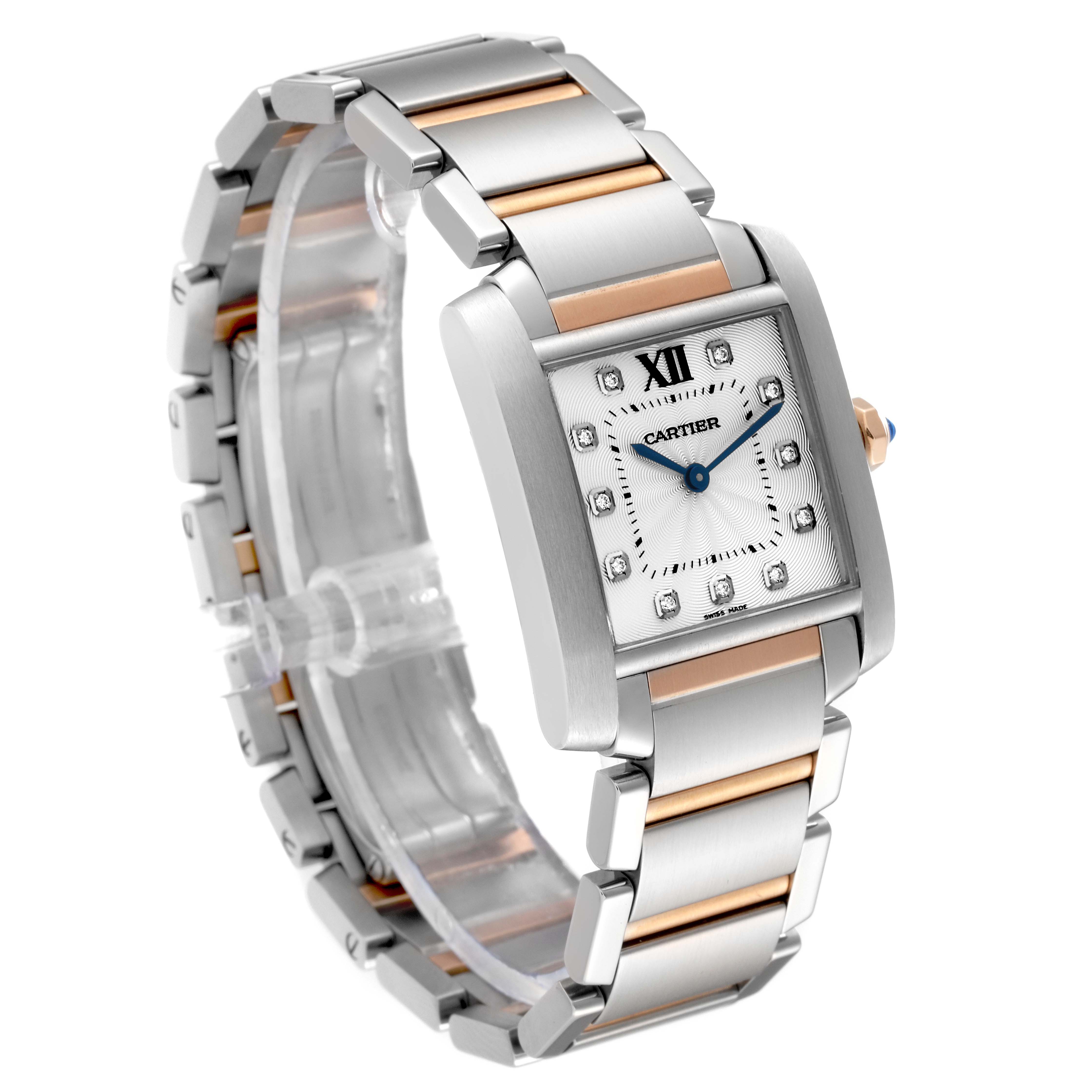 The Cartier Tank Francaise WE110005 Women's Steel and Gold (two tone) Silver Dial WE110005 Women's Steel and Gold (two tone) Silver Dial watch is shown at a slight angle, displaying its rectangular face, silver and gold bracelet, and blue hands.