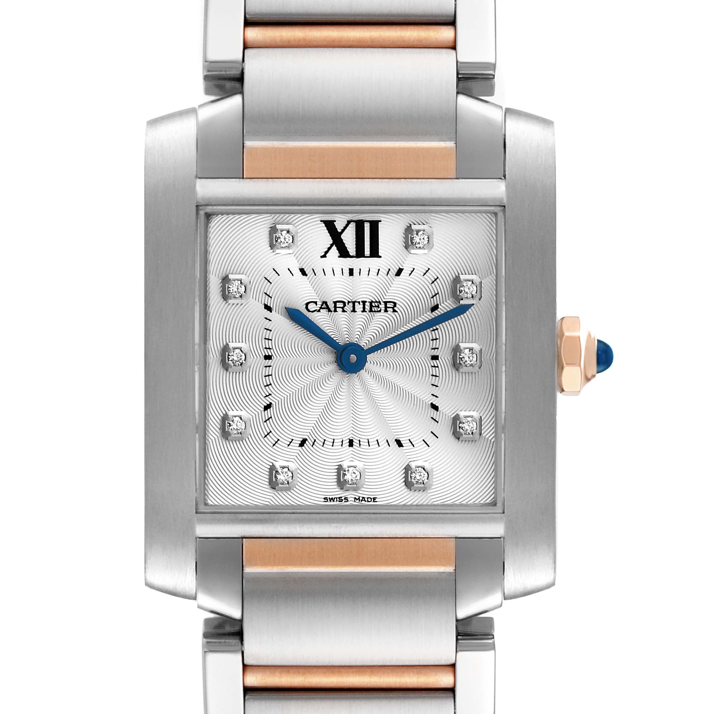 This image shows a front view of a Cartier Tank Francaise WE110005 Women's Steel and Gold (two tone) Silver Dial WE110005 Women's Steel and Gold (two tone) Silver Dial watch, emphasizing the dial, bracelet, and crown.