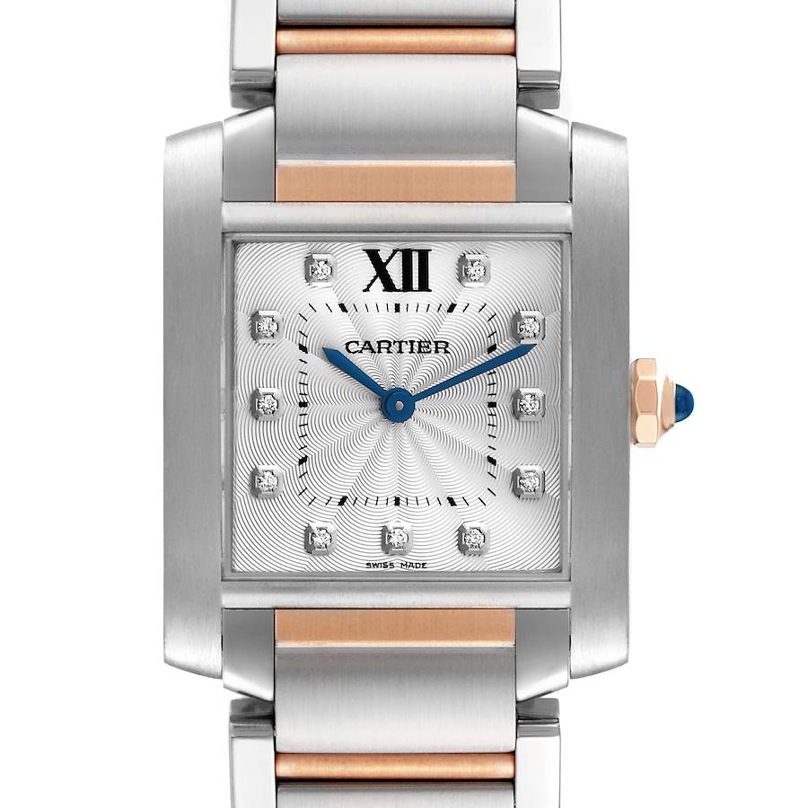 This image shows a front view of a Cartier Tank Francaise WE110005 Women's Steel and Gold (two tone) Silver Dial WE110005 Women's Steel and Gold (two tone) Silver Dial watch, emphasizing the dial, bracelet, and crown.