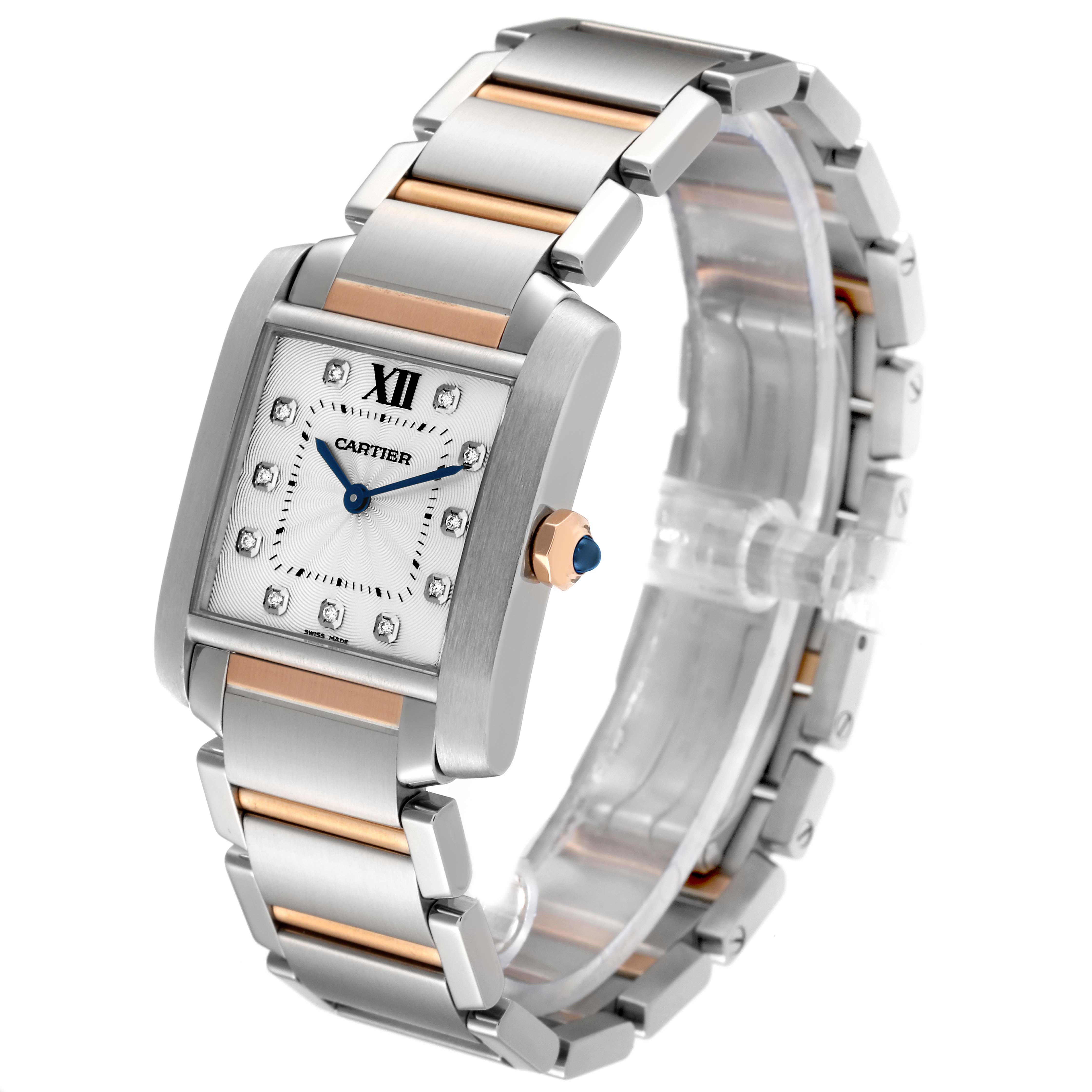 This image shows a Cartier Tank Francaise WE110005 Women's Steel and Gold (two tone) Silver Dial WE110005 Women's Steel and Gold (two tone) Silver Dial watch from a three-quarter angle, highlighting its face and metal bracelet.