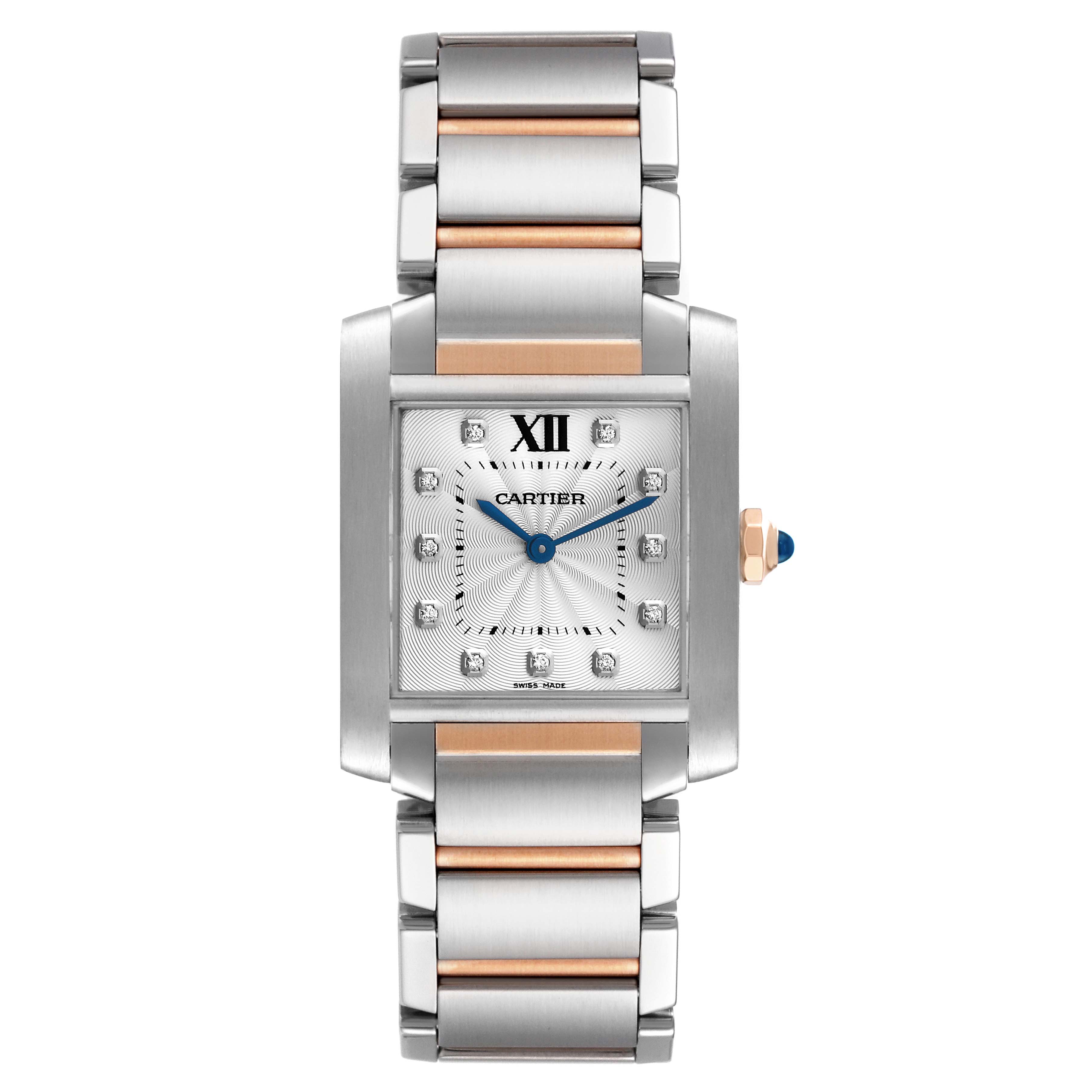 The image shows a Cartier Tank Francaise WE110005 Women's Steel and Gold (two tone) Silver Dial WE110005 Women's Steel and Gold (two tone) Silver Dial watch from a front angle, highlighting its dial, bezel, and bracelet.