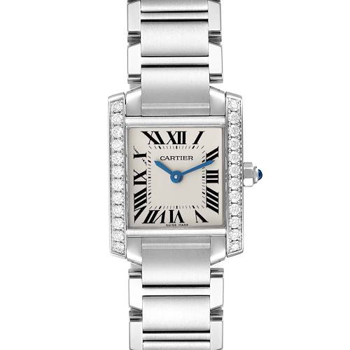 This image shows a front view of the Cartier Tank Francaise W4TA0008 Women's Stainless Steel Silver Dial W4TA0008 Women's Stainless Steel Silver Dial watch, highlighting its rectangular face, bracelet, and diamond accents.